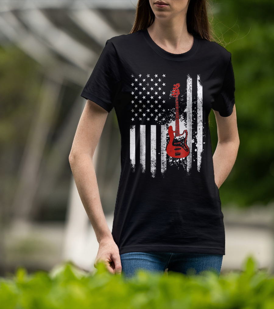 Bass Guitar Red White Stars Stripes American Flag T-Shirt