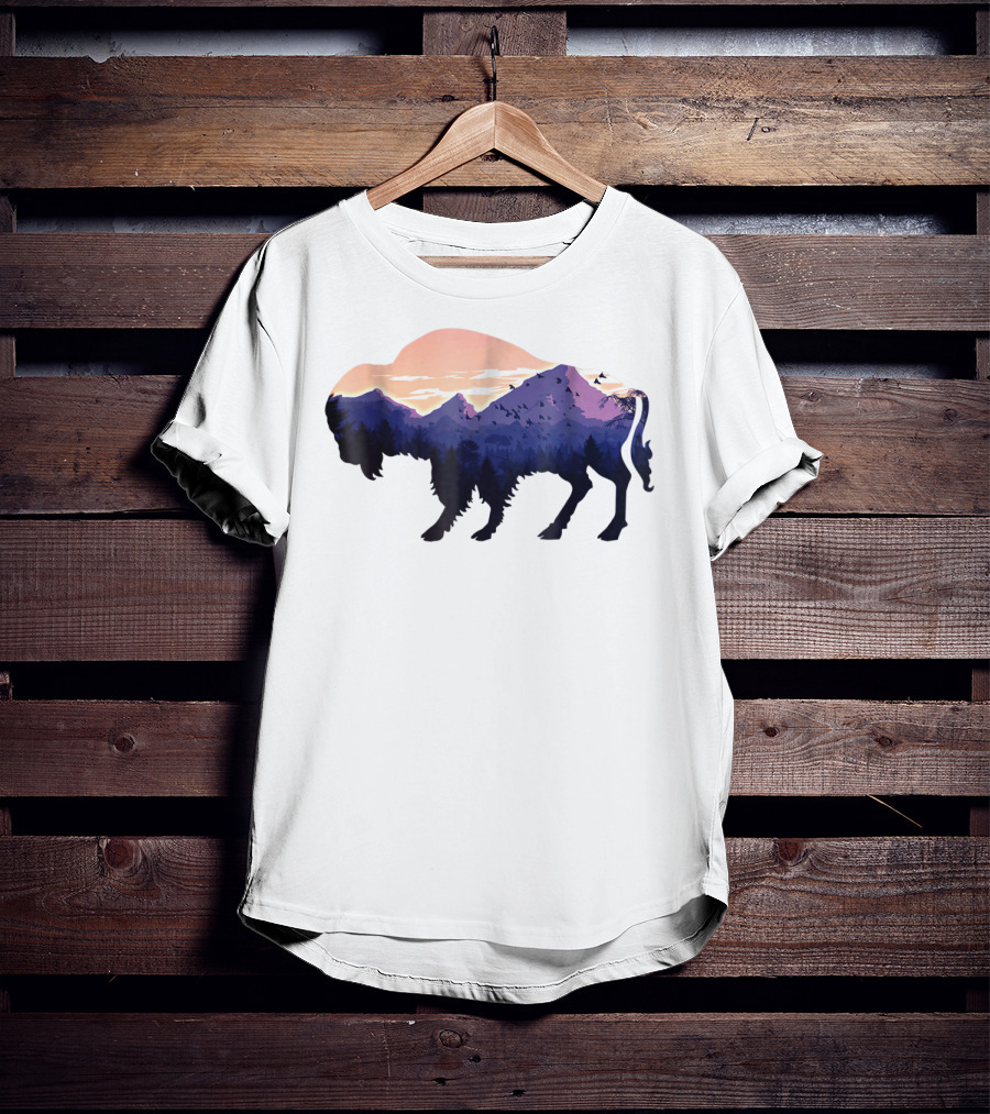 Bison Silhouette With Mountain And Forest Scene T-Shirt
