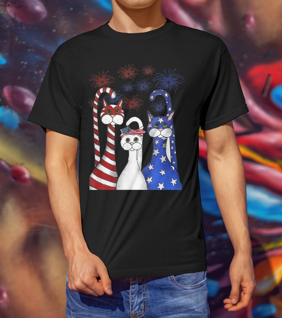 Cat Red White Blue American Flag Patriotic Fireworks T-Shirt