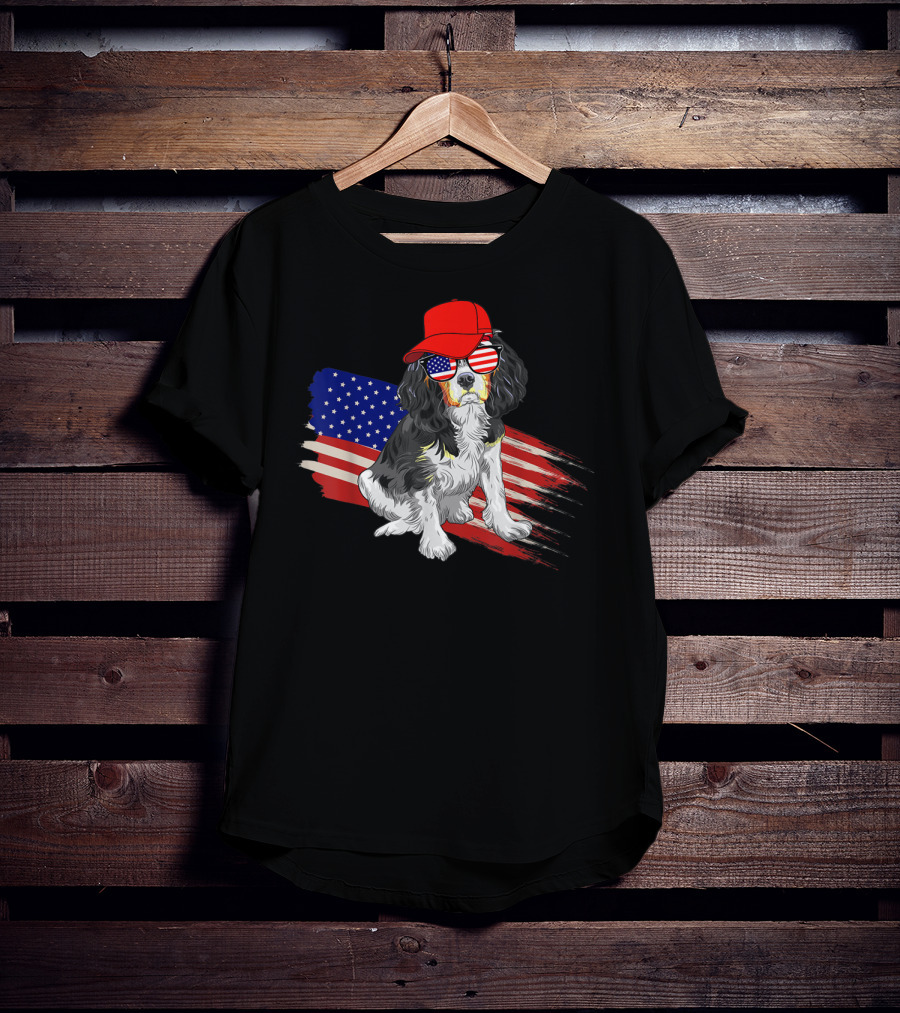 Cavalier King Charles Spaniel USA Flag Hat Sunglasses Patriotic Fourth Of July T-Shirt