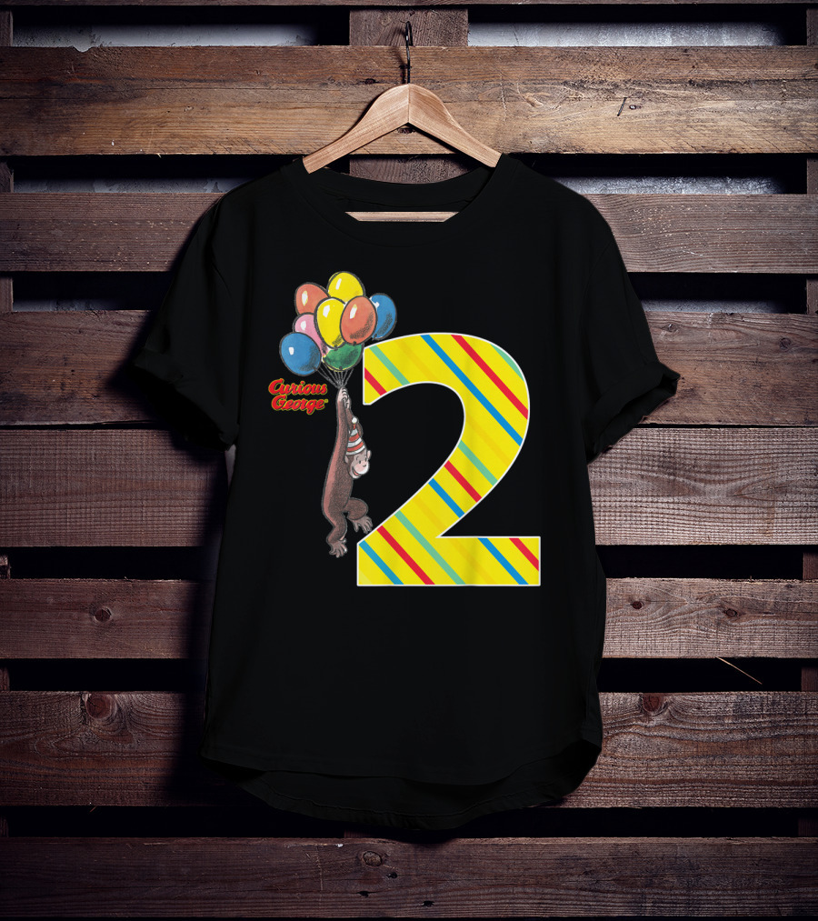 Curious George Holding Balloons Next To Colorful Striped Number 2 For Second Birthday T-Shirt