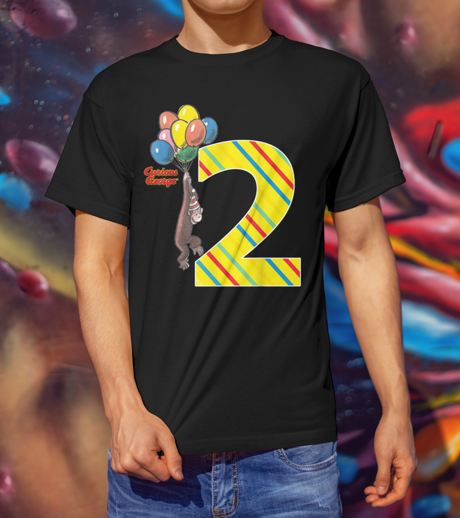 Curious George Holding Balloons Next To Colorful Striped Number 2 For Second Birthday T-Shirt
