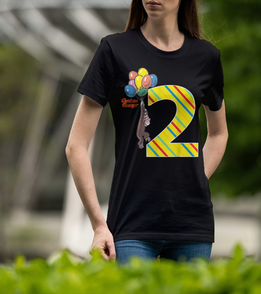 Curious George Holding Balloons Next To Colorful Striped Number 2 For Second Birthday T-Shirt