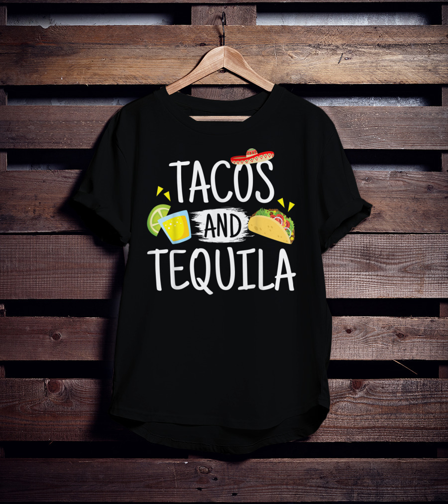 Tacos And Tequila Mexican Sombrero With Lime Slice And Taco Icons T-Shirt