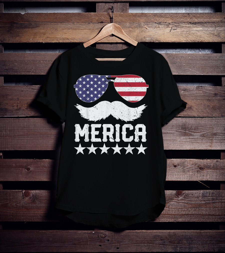 MERICA USA Flag Mustache Sunglasses Stars Independence Day T-Shirt
