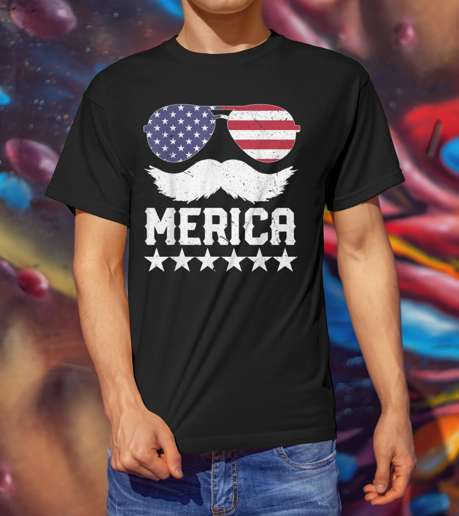 MERICA USA Flag Mustache Sunglasses Stars Independence Day T-Shirt