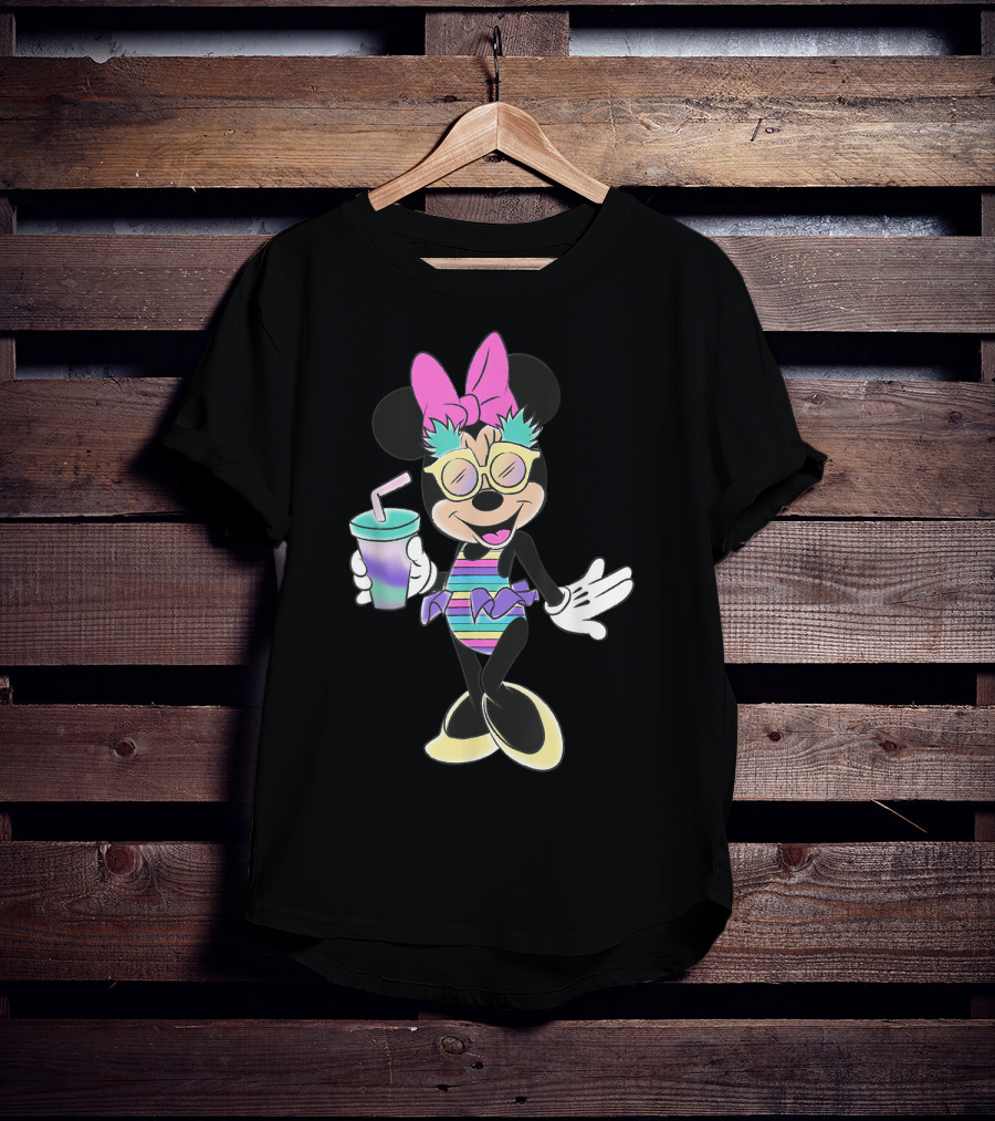 Disney Minnie Mouse Striped Swimsuit With Unicorn Colors And Pineapple Sunglasses T-Shirt