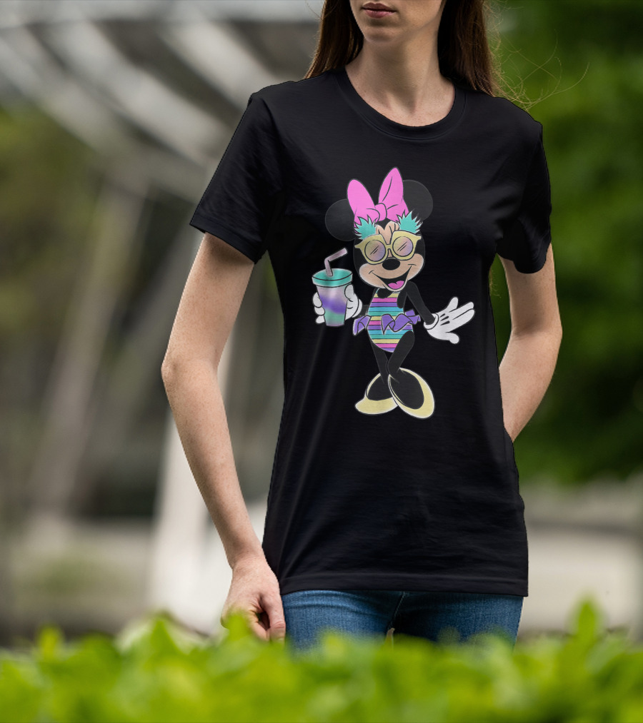 Disney Minnie Mouse Striped Swimsuit With Unicorn Colors And Pineapple Sunglasses T-Shirt