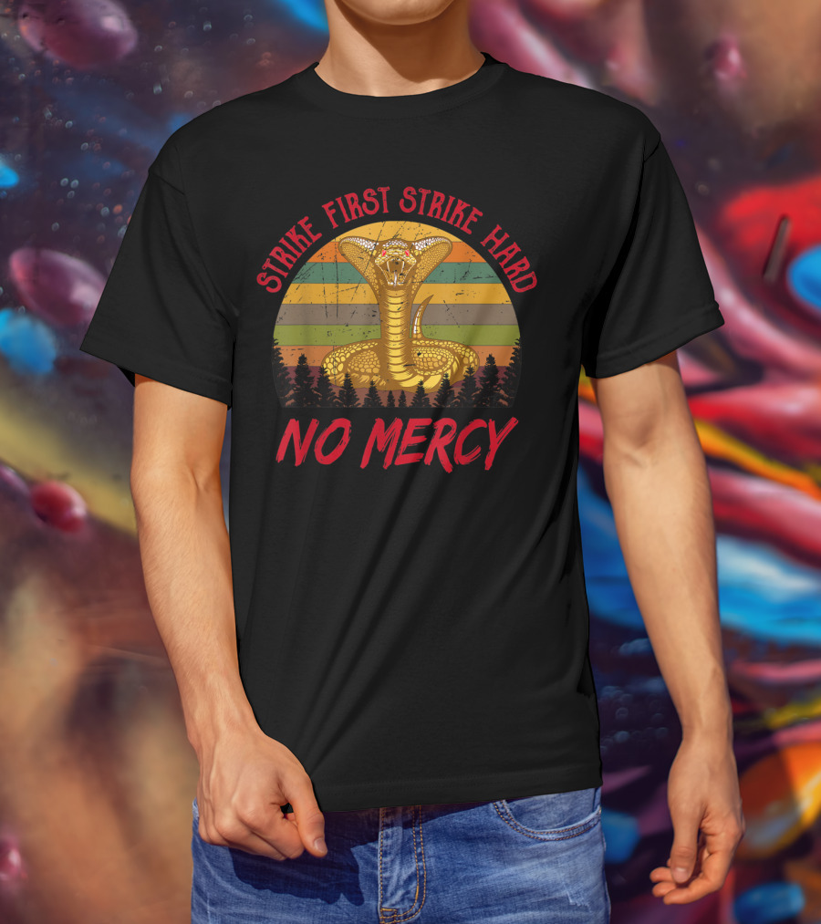 Strike First Strike Hard No Mercy Cobra Retro Stripes T-Shirt