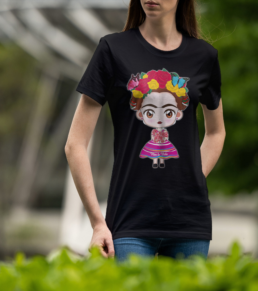 Viva Mexico Viva La Vida Mexican Frida With Flower Crown And Butterflies T-Shirt
