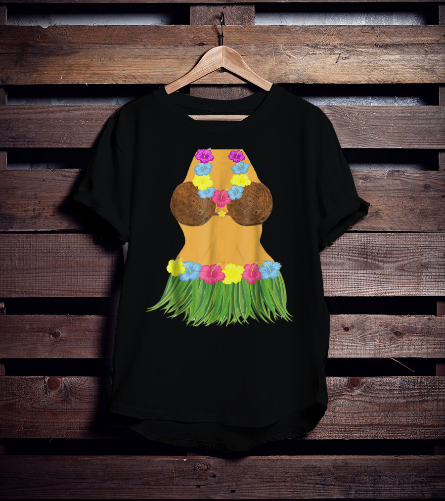 Coconut Bra Grass Skirt Lei Flowers Summer Tropical T-Shirt