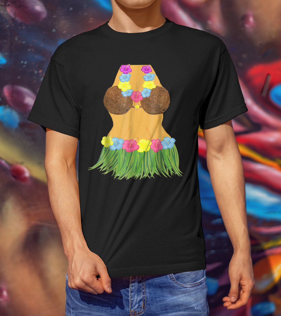 Coconut Bra Grass Skirt Lei Flowers Summer Tropical T-Shirt