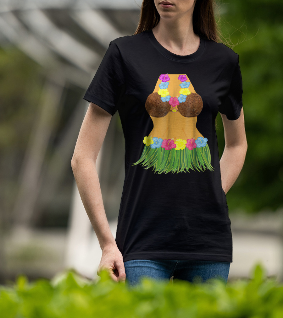 Coconut Bra Grass Skirt Lei Flowers Summer Tropical T-Shirt