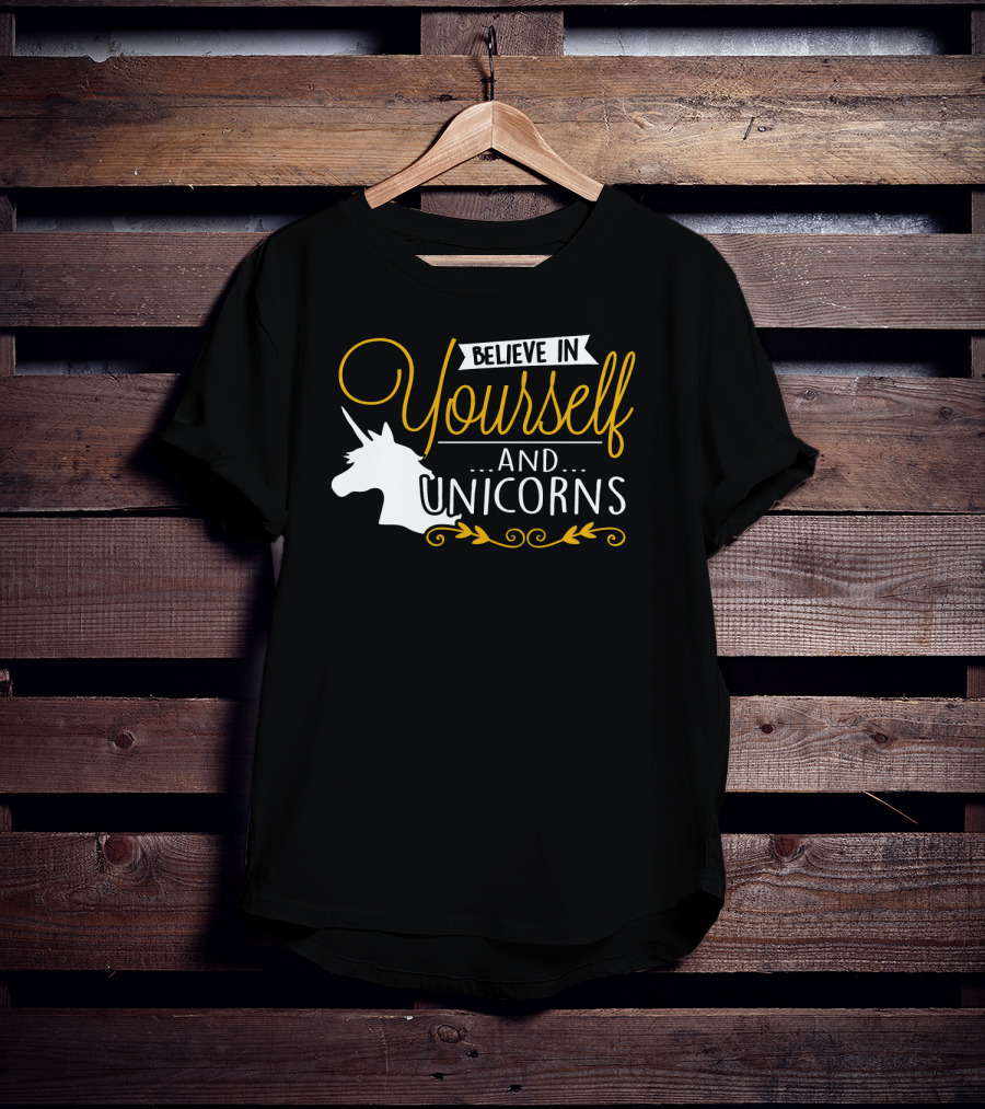 Believe In Yourself And Unicorns Head Graphic Whimsical Font T-Shirt