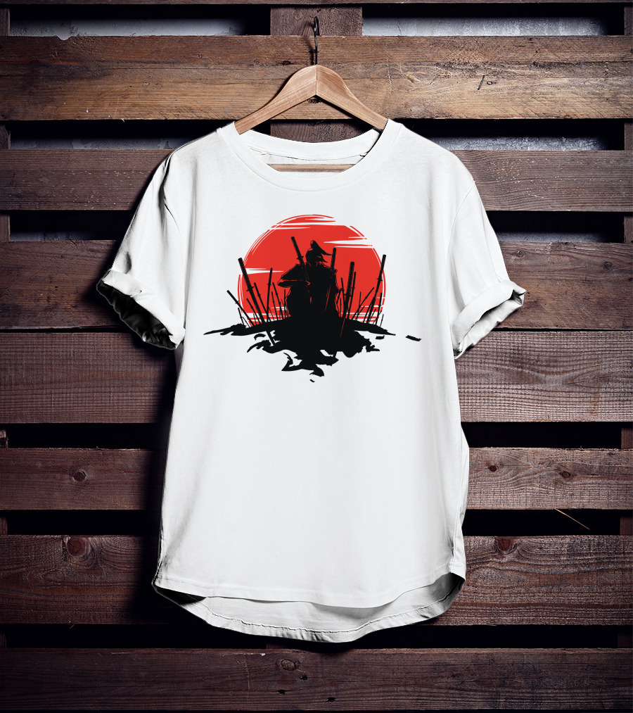 The End Of The Battle Samurai Silhouette Against Red Sun Rising T-Shirt
