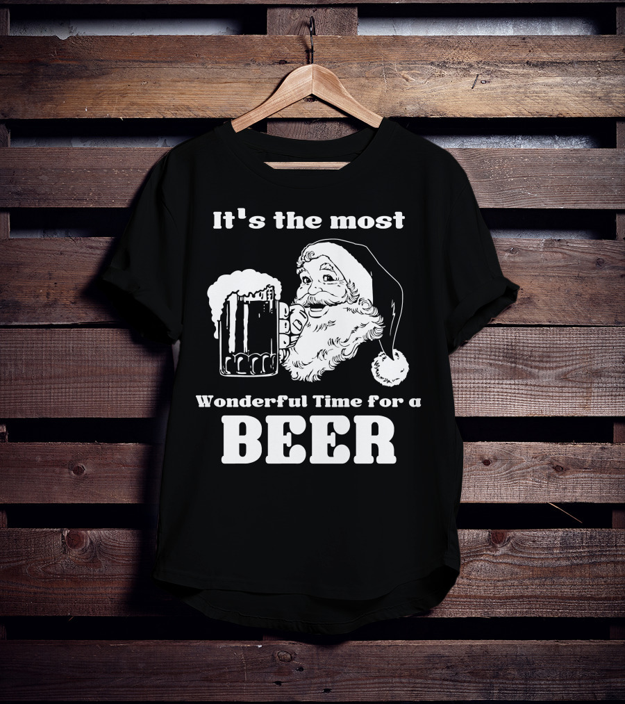 Christmas Santa It's The Most Wonderful Time For A Beer With Santa Hat And Mug Of Beer T-Shirt