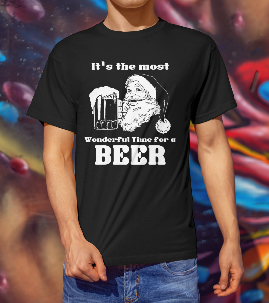 Christmas Santa It's The Most Wonderful Time For A Beer With Santa Hat And Mug Of Beer T-Shirt