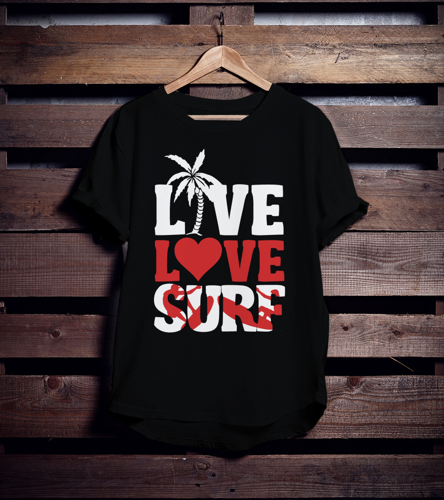 Live Love Surf Palm Tree Heart Ocean Waves T-Shirt