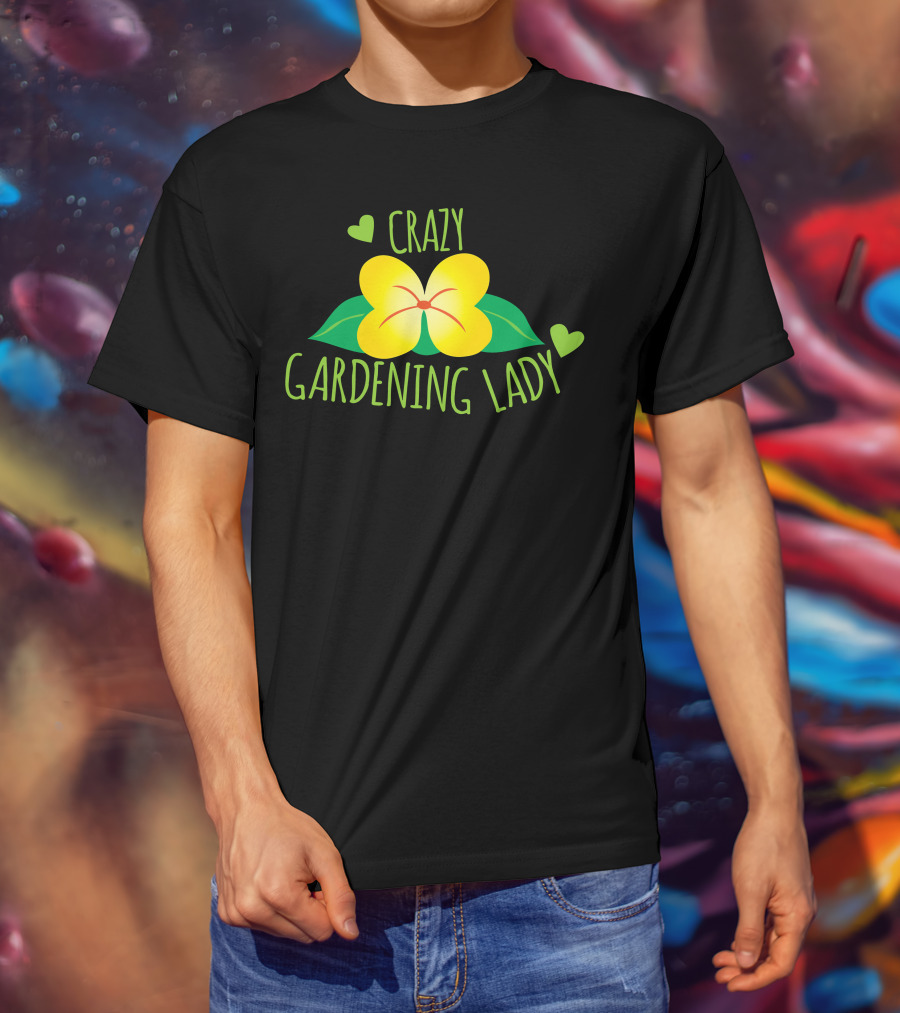 Crazy Gardening Lady Yellow Flower And Green Hearts T-Shirt