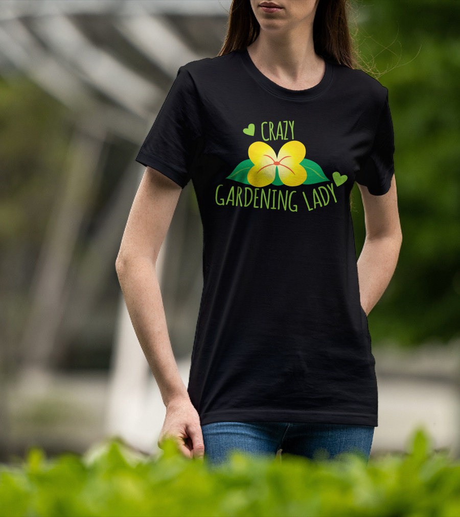 Crazy Gardening Lady Yellow Flower And Green Hearts T-Shirt
