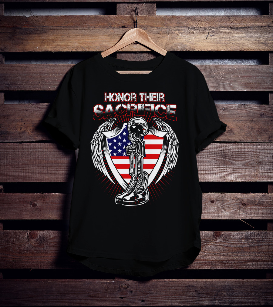 HONOR THEIR SACRIFICE American Flag Winged Soldier Memorial Helmet And Boots T-Shirt