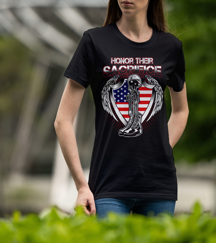 HONOR THEIR SACRIFICE American Flag Winged Soldier Memorial Helmet And Boots T-Shirt