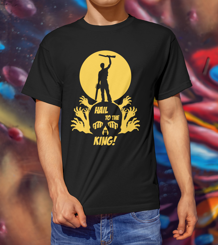 Hail To The King Skeleton Moon Chainsaw Hero With Zombie Hands T-Shirt