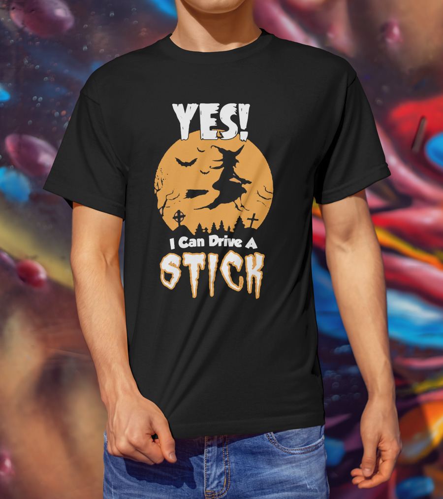 YES I Can Drive A Stick Halloween Witch With Bats And Crosses T-Shirt