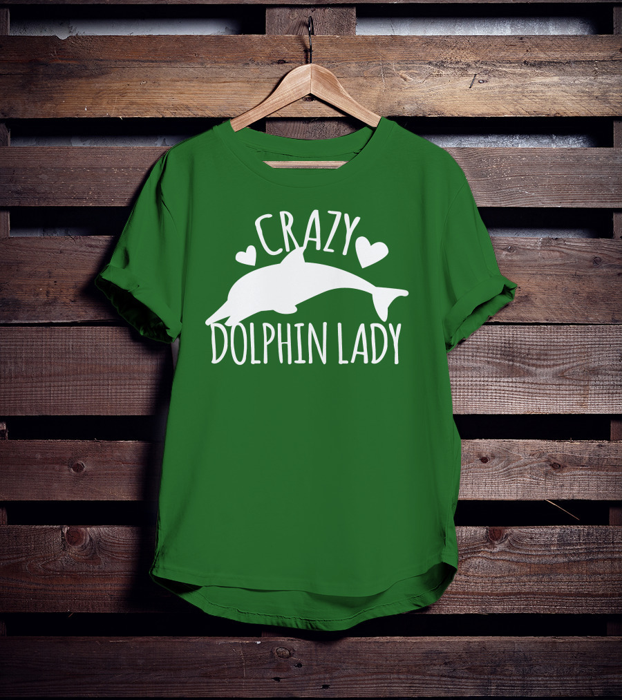 CRAZY DOLPHIN LADY Hearts And Dolphin Silhouette On Green T-Shirt