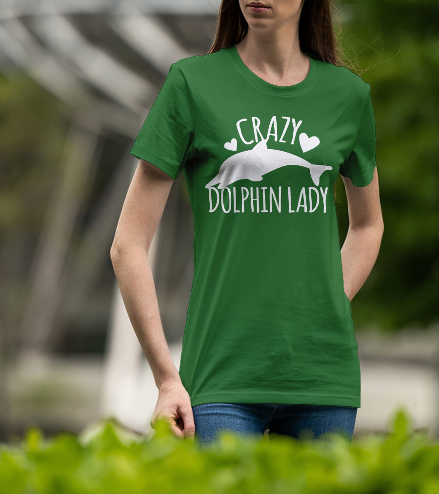 CRAZY DOLPHIN LADY Hearts And Dolphin Silhouette On Green T-Shirt