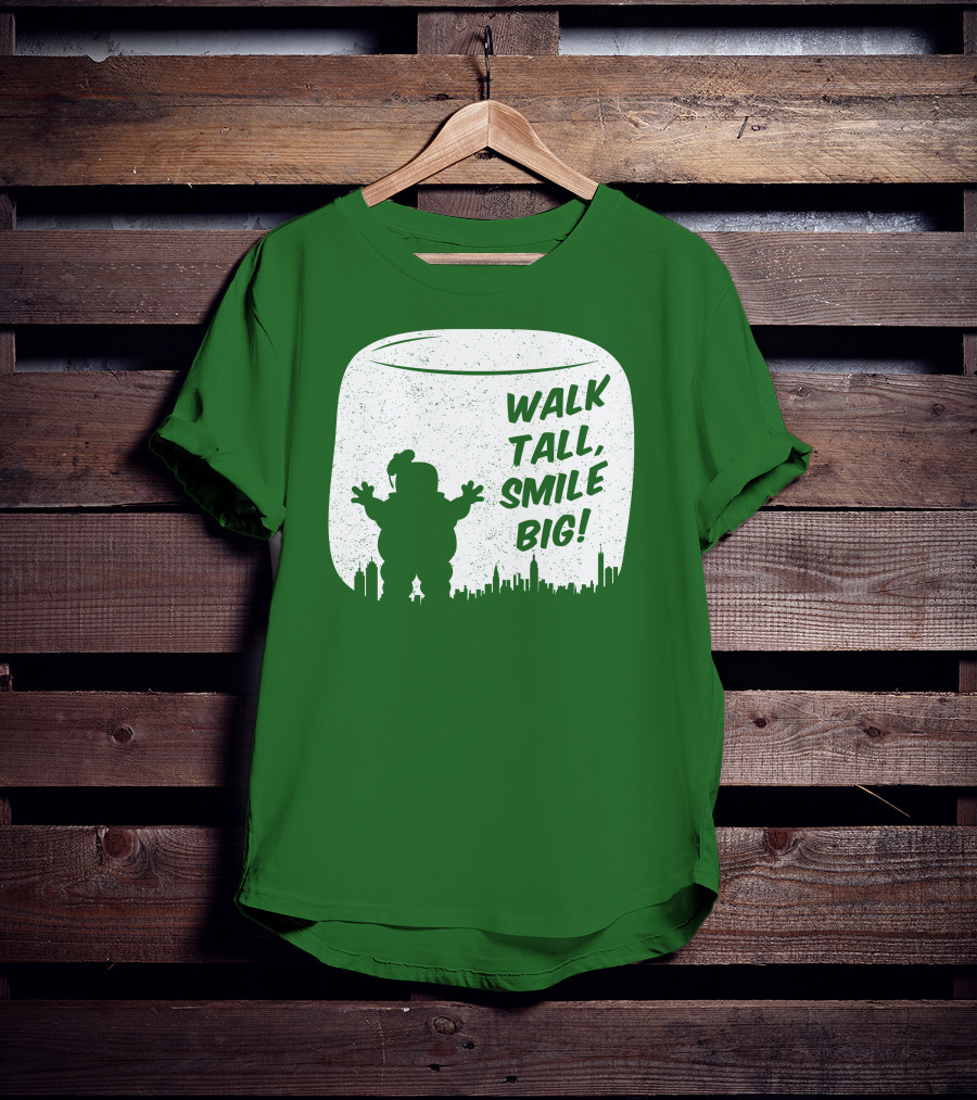 WALK TALL SMILE BIG Stay Puft Marshmallow Man City Skyline T-Shirt