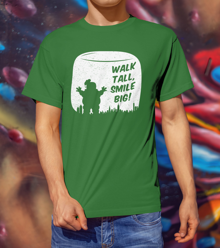 WALK TALL SMILE BIG Stay Puft Marshmallow Man City Skyline T-Shirt