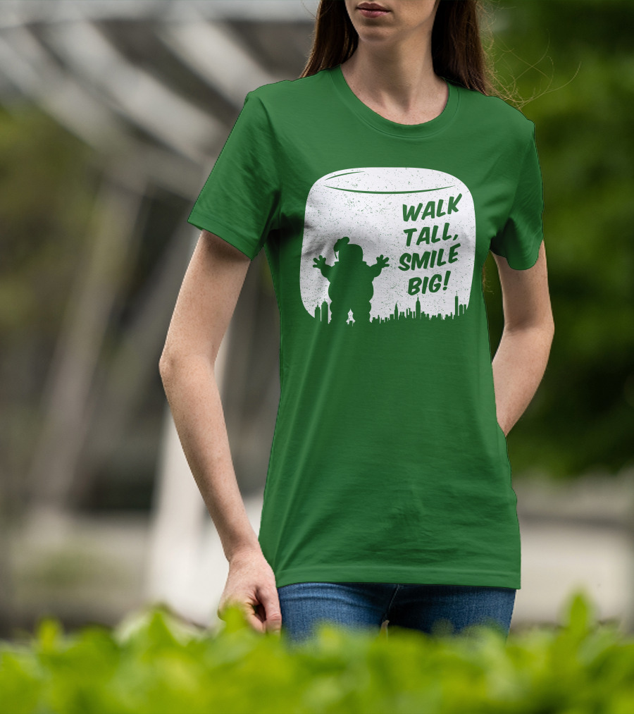 WALK TALL SMILE BIG Stay Puft Marshmallow Man City Skyline T-Shirt