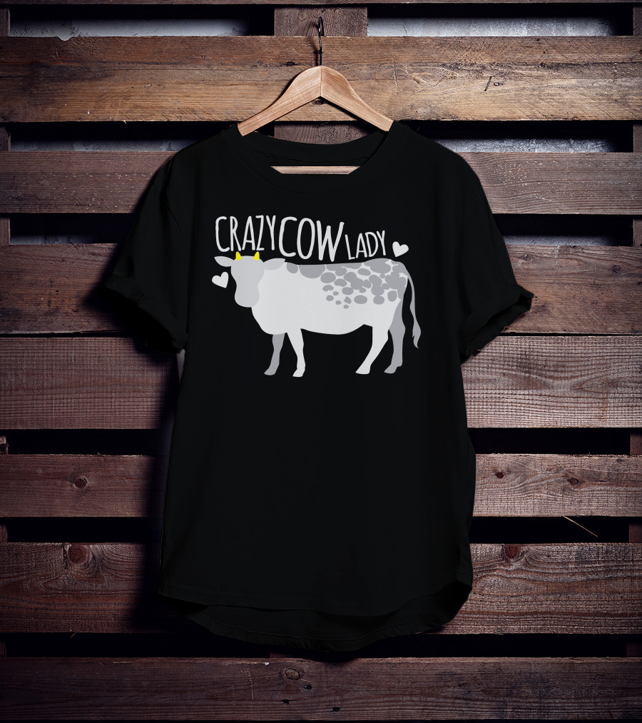 CRAZY COW LADY Hearts And Cartoon Cow T-Shirt