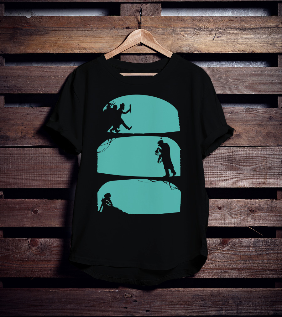 Hunt The Zombie Silhouette Chase With Weapon, Creeping Figure, And Hiding Woman T-Shirt