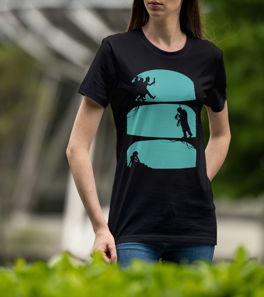Hunt The Zombie Silhouette Chase With Weapon, Creeping Figure, And Hiding Woman T-Shirt