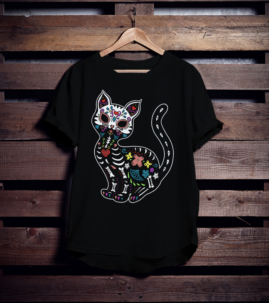 Calavera Cat Dia De Los Muertos Sugar Skull Colorful Skeleton Decor T-Shirt