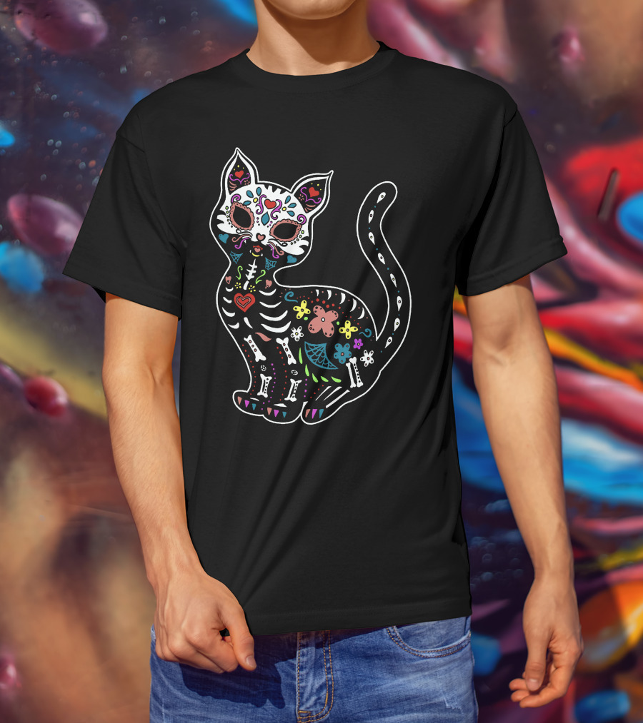 Calavera Cat Dia De Los Muertos Sugar Skull Colorful Skeleton Decor T-Shirt