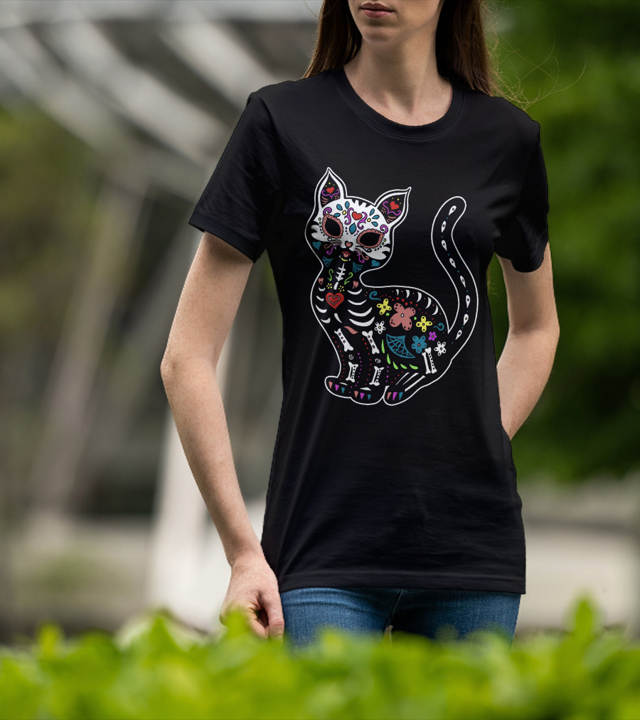 Calavera Cat Dia De Los Muertos Sugar Skull Colorful Skeleton Decor T-Shirt