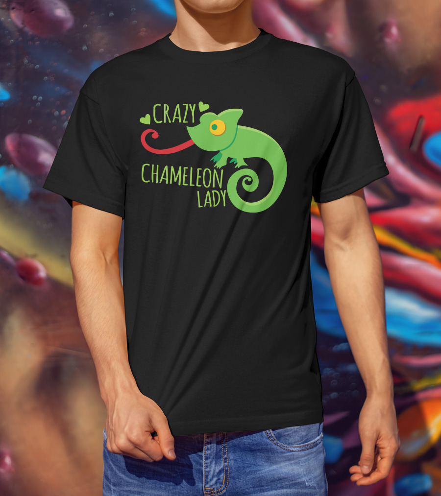 CRAZY CHAMELEON LADY Green Cartoon With Hearts T-Shirt