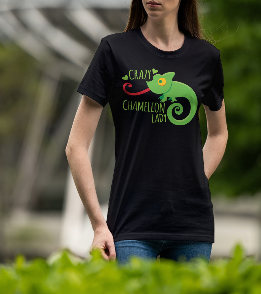 CRAZY CHAMELEON LADY Green Cartoon With Hearts T-Shirt