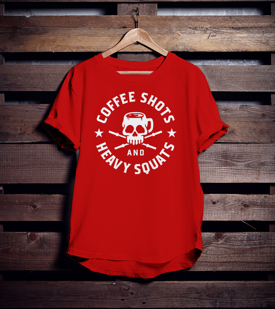Coffee Shots And Heavy Squats Skull Mug And Barbells T-Shirt
