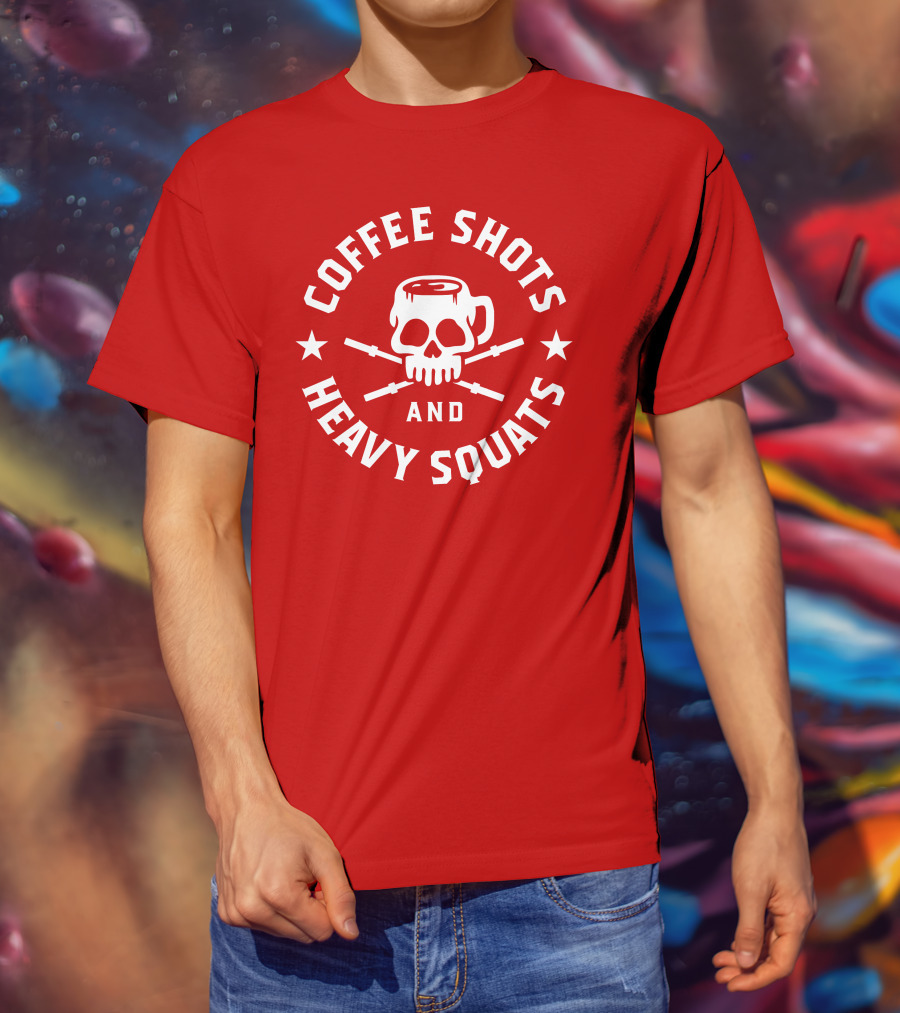 Coffee Shots And Heavy Squats Skull Mug And Barbells T-Shirt