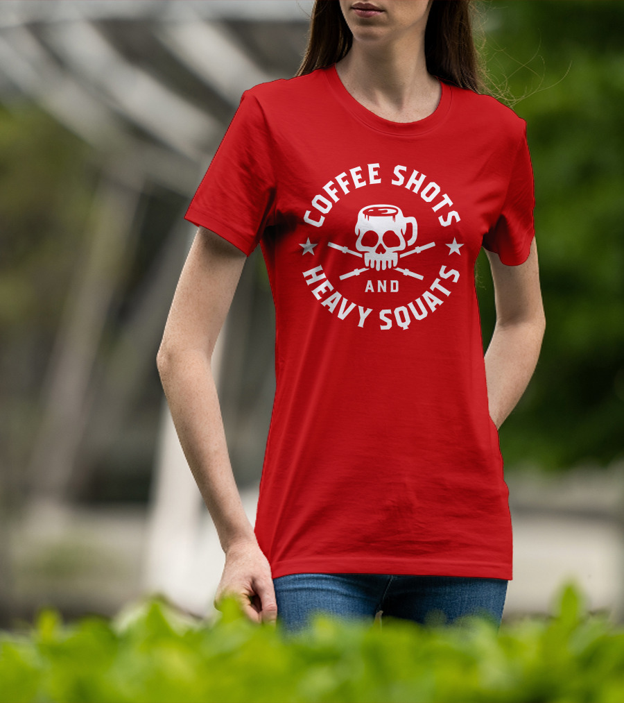 Coffee Shots And Heavy Squats Skull Mug And Barbells T-Shirt