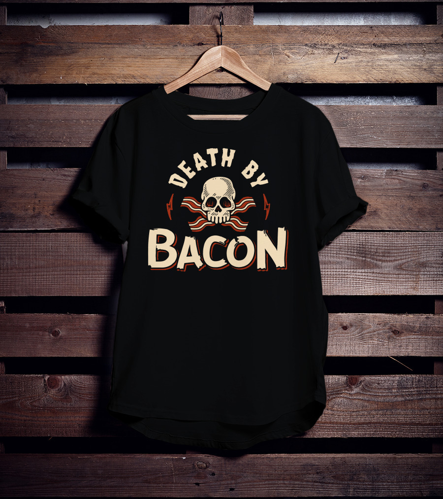 Death By Bacon Skull And Crossbones With Lightning Bolts T-Shirt