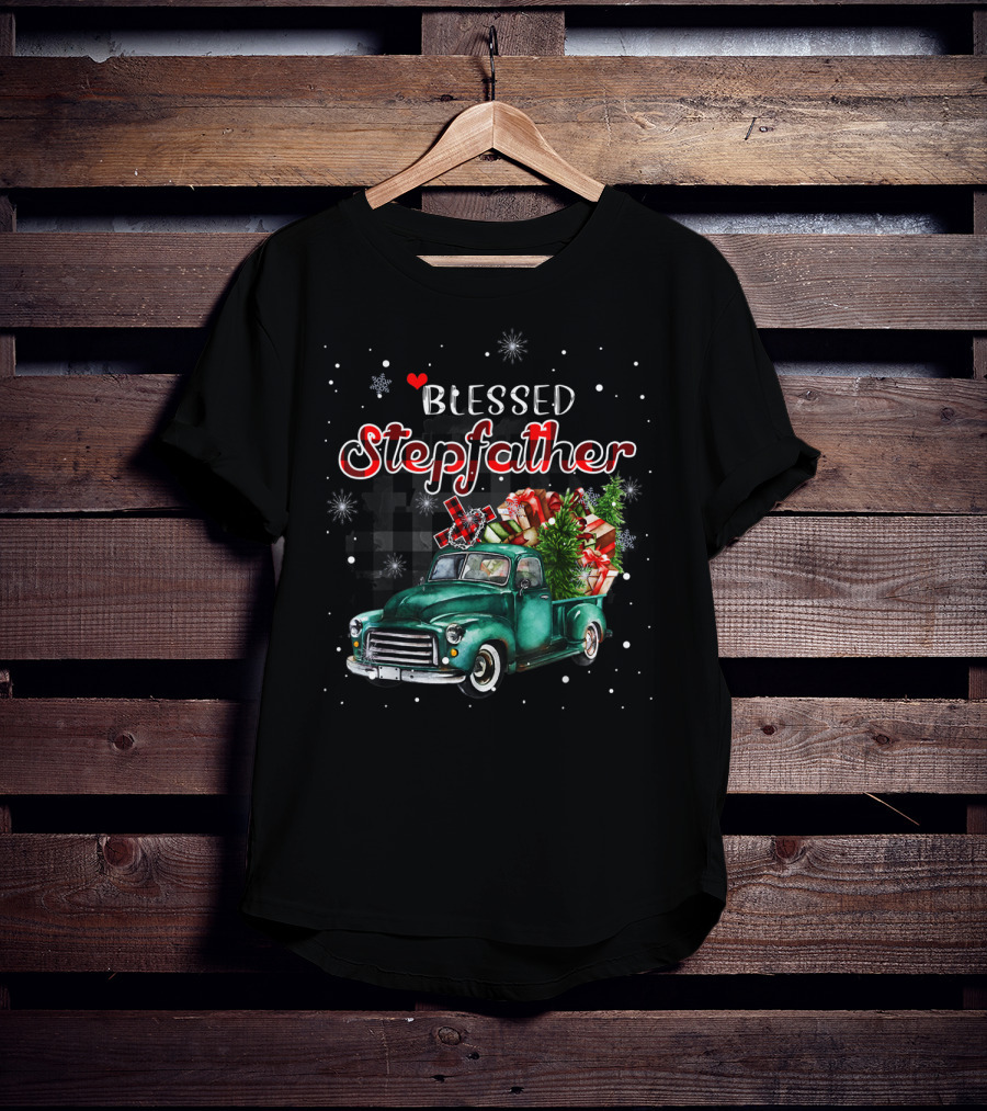 Blessed Stepfather Vintage Truck Christmas Plaid Snowflakes T-Shirt