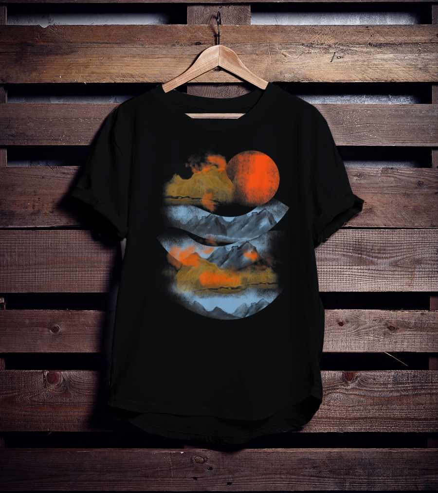 Blurry Mountains Clouds With Red Sun And Smoky Peaks T-Shirt