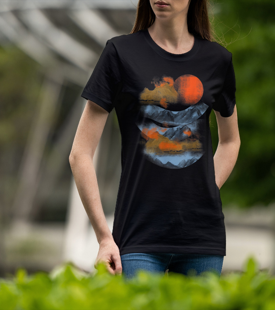 Blurry Mountains Clouds With Red Sun And Smoky Peaks T-Shirt