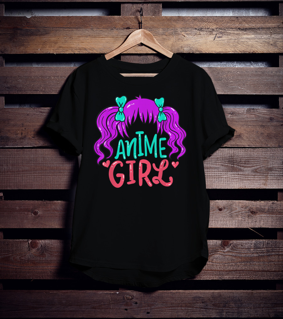 Anime Girl Purple Hair With Green Bows And Hearts T-Shirt