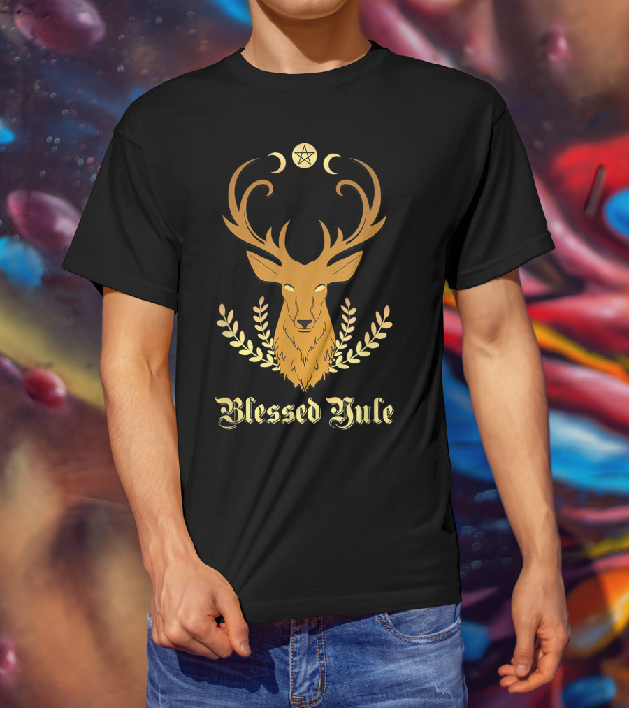 Blessed Yule Christmas Stag Pentacle Triple Moon T-Shirt